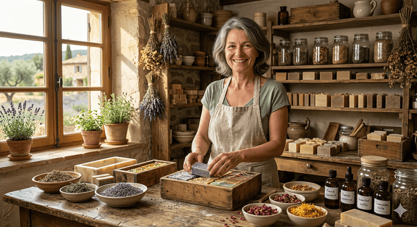 Famille devant l'atelier